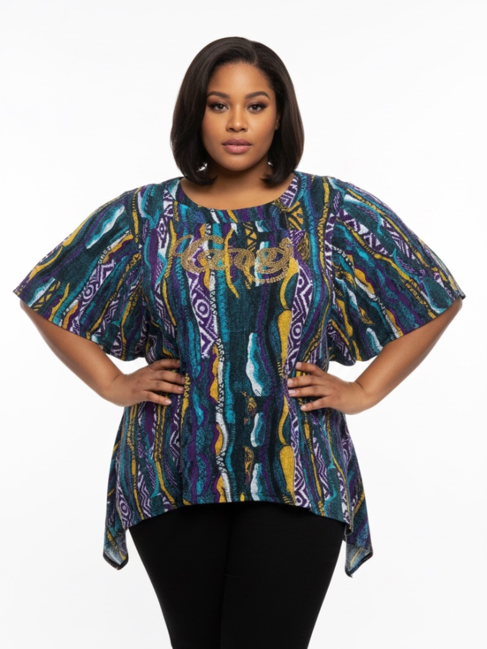 COOGI logo front flutter  rhinestone multicolored sleeve shirt Top S
